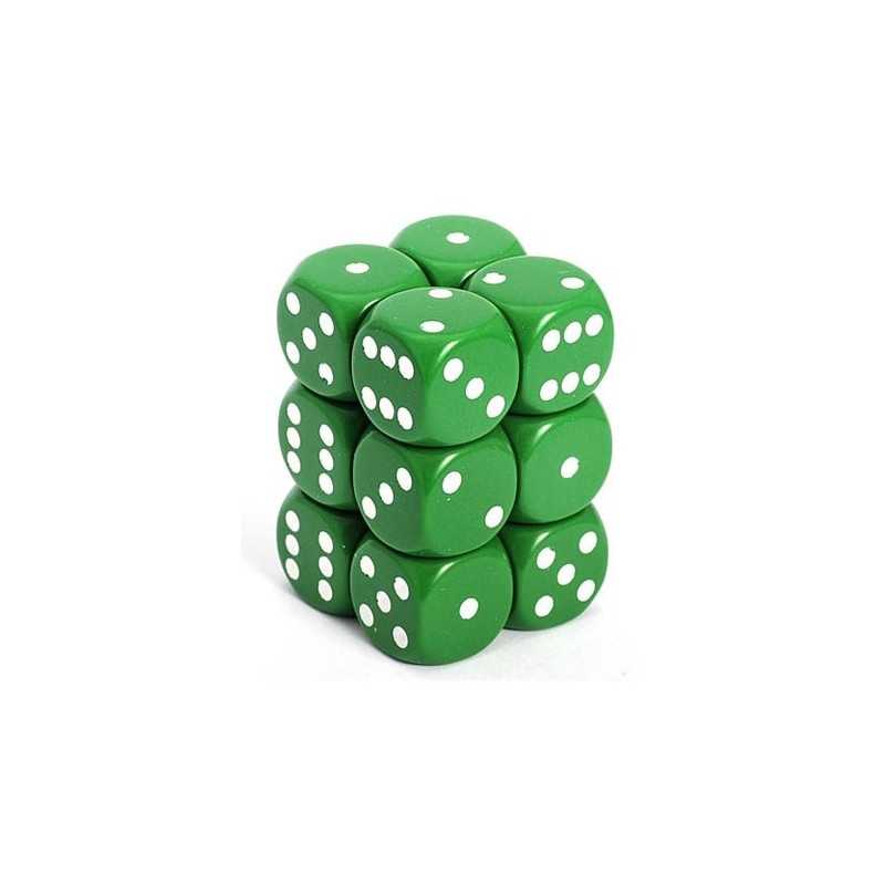 SET DE 12 DADOS D6 16MM OPACOS VERDE C/BLANCO