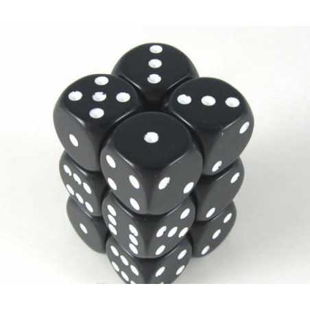 SET DE 12 DADOS D6 16MM OPACOS NEGRO C/BLANCO