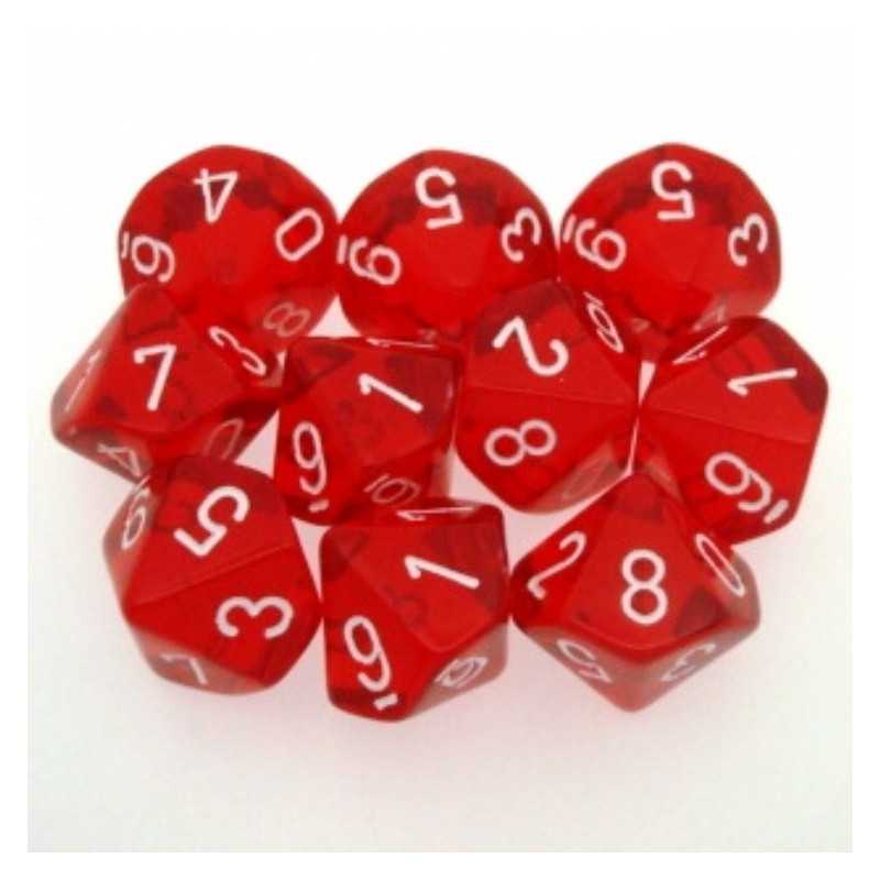 SET DE 10 DADOS D10 TRASLUCIDOS ROJO C/BLANCO