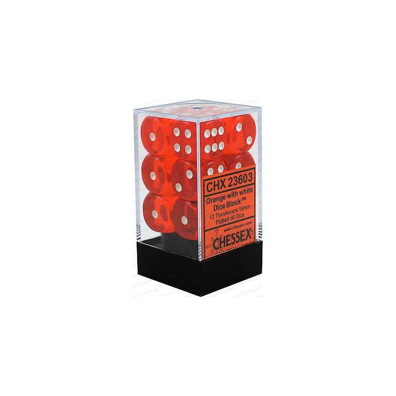 SET DE 12 DADOS TRASLUCIDOS NARANJA C/BLANCO