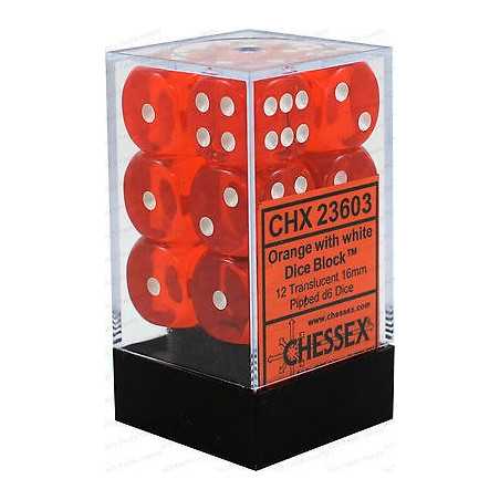 SET DE 12 DADOS TRASLUCIDOS NARANJA C/BLANCO