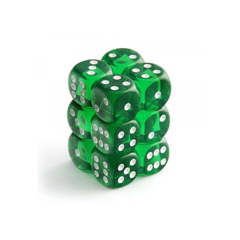 SET DE 12 DADOS TRASLUCIDOS VERDE C/BLANCO