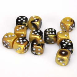 SET DE 12 DADOS D6 16MM GEMINI NEGRO-DORADO C/PLATA