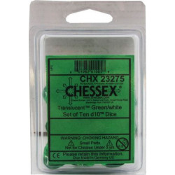 SET DE 10 DADOS D10 TRASLUCIDOS VERDE C/BLANCO