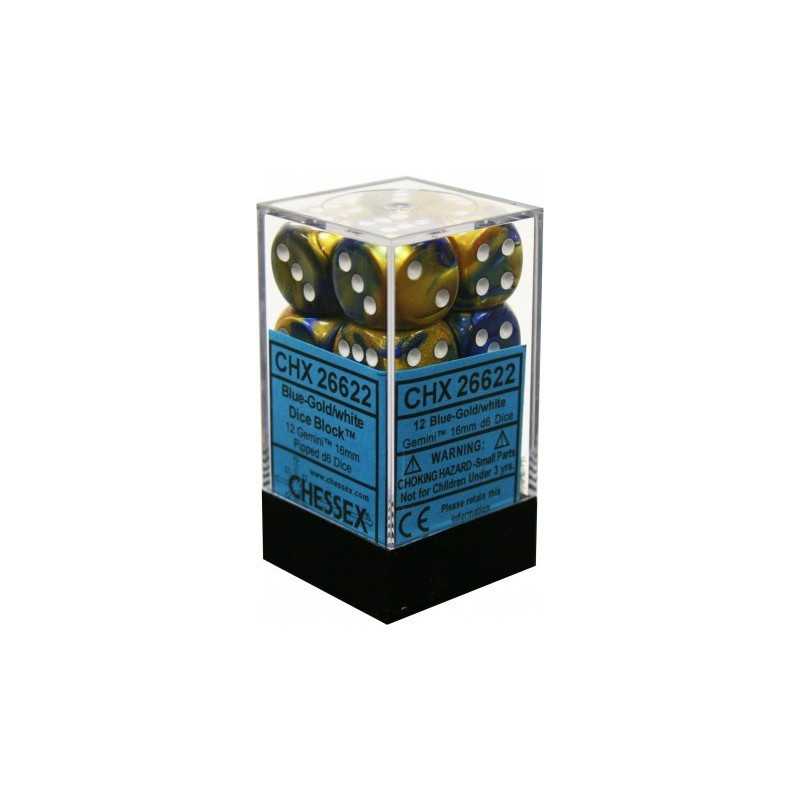 SET DE 12 DADOS D6 16MM GEMINI AZUL DORADO C/BLANCO