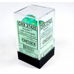 SET DE 7 DADOS BOREALIS VERDE CLARO C/DORADO