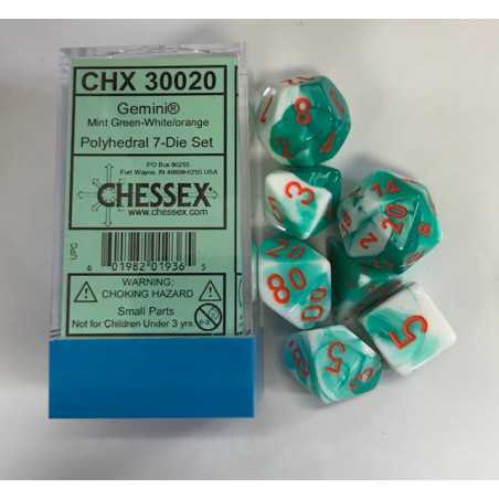 SET DE 7 DADOS LAB DICE GEMINI MENTA VERDE-BLANCO C/NARANJA