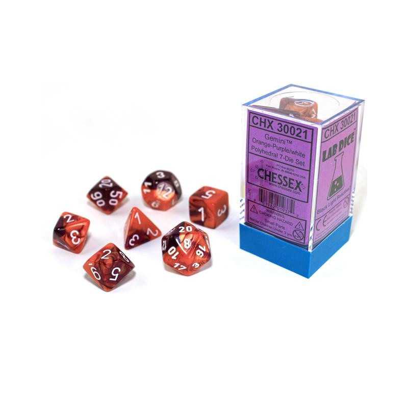 SET DE 7 DADOS LAB DICE GEMINI NARANJA-MORADO C/BLANCO