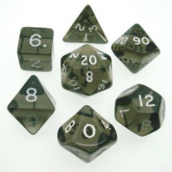 SET DE 7 DADOS TRASLUCIDOS HUMO C/BLANCO