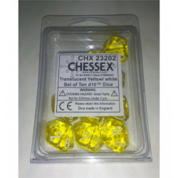SET DE 10 DADOS D10 TRASLUCIDOS AMARILLO C/BLANCO