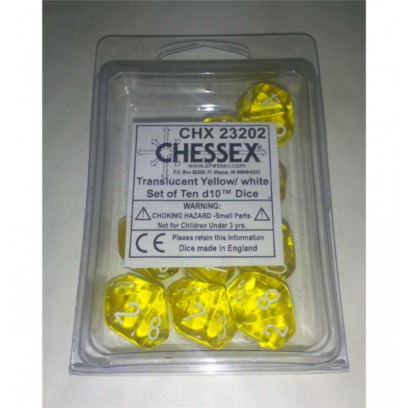 SET DE 10 DADOS D10 TRASLUCIDOS AMARILLO C/BLANCO
