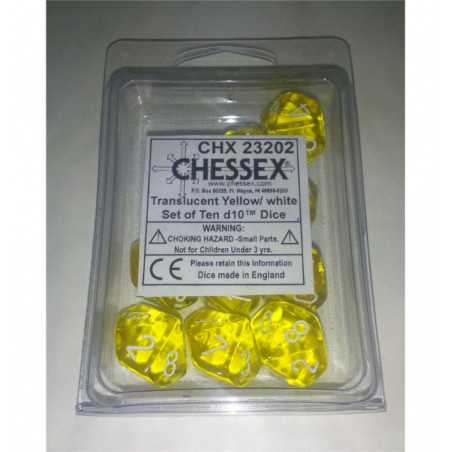 SET DE 10 DADOS D10 TRASLUCIDOS AMARILLO C/BLANCO