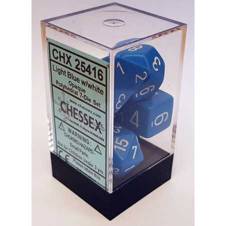 SET DE 7 DADOS OPACOS CELESTE C/BLANCO