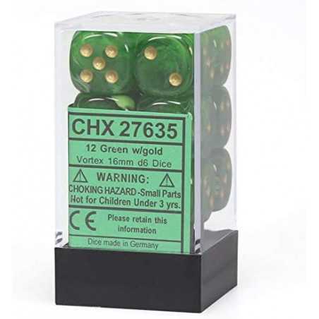 SET DE 12 DADOS d6 16MM VORTEX VERDE C/DORADO