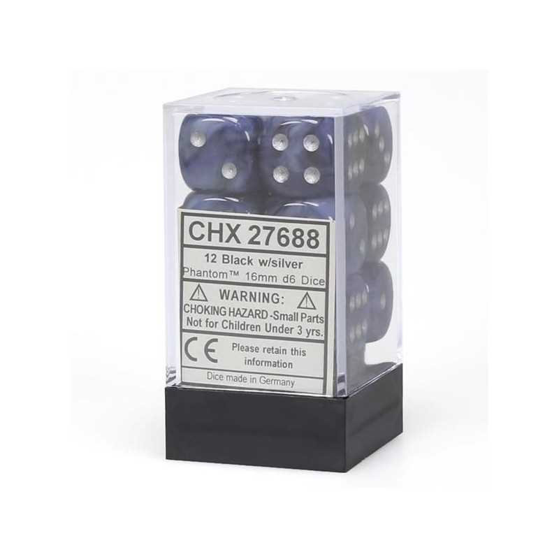 SET DE 12 DADOS D6 16MM PHANTOM NEGRO AZULADO C/PLATA