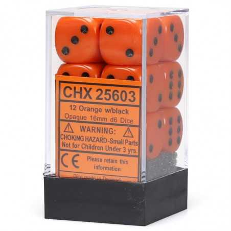 SET DE 12 DADOS D6 16MM OPACOS NARANJA C/NEGRO