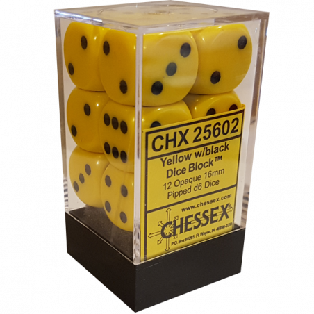 SET DE 12 DADOS D6 16MM OPACOS AMARILLO C/NEGRO