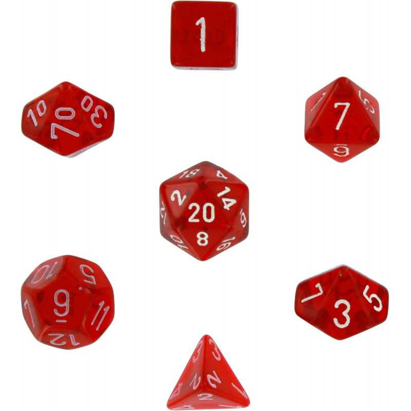 SET DE 7 DADOS TRASLUCIDOS ROJO C/BLANCO