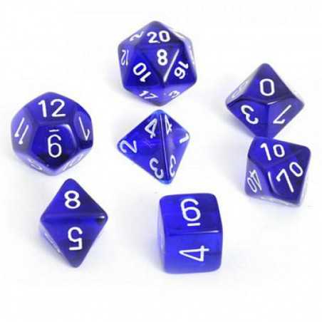 SET DE 7 DADOS TRASLUCIDOS AZUL C/BLANCO
