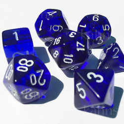 SET DE 7 DADOS TRASLUCIDOS AZUL C/BLANCO
