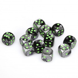 SET DE 12 DADOS D6 16MM GEMINI NEGRO-GRIS C/VERDE