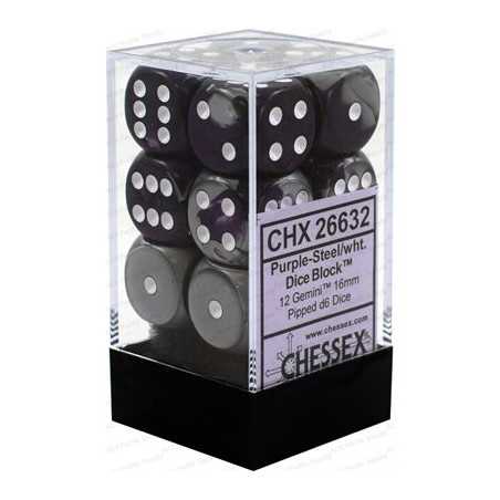 SET DE 12 DADOS D6 16MM GEMINI MORADO-ACERO C/BLANCO