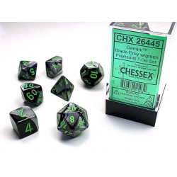 SET DE 7 DADOS GEMINI NEGRO-GRIS C/VERDE