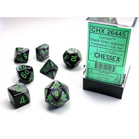 SET DE 7 DADOS GEMINI NEGRO-GRIS C/VERDE