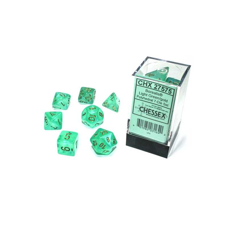 SET DE 7 DADOS BOREALIS VERDE LUMINOSO C/DORADO
