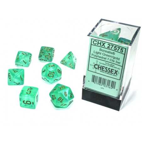 SET DE 7 DADOS BOREALIS VERDE LUMINOSO C/DORADO