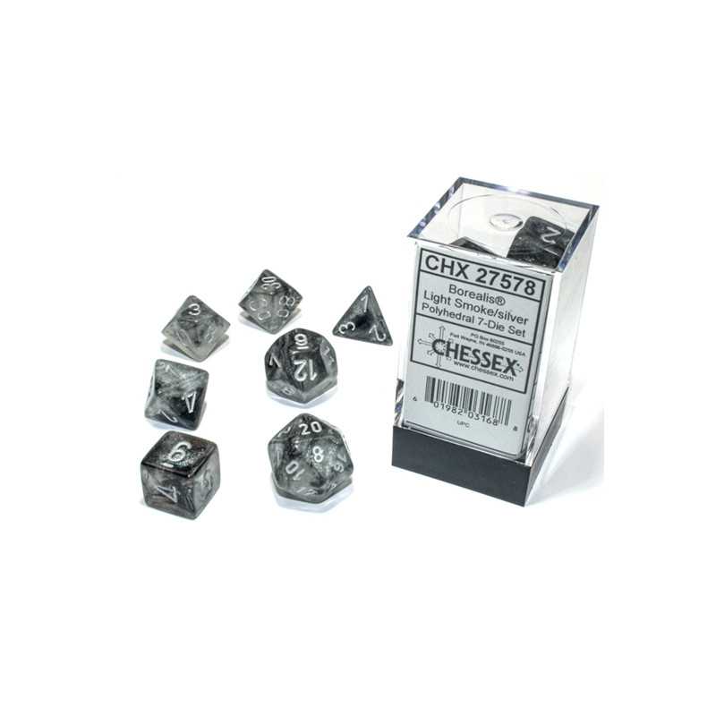 SET DE 7 DADOS BOREALIS HUMO LUMINOSO C/PLATA