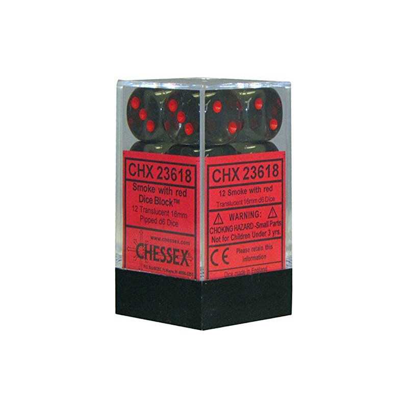 SET DE 12 DADOS TRASLUCIDOS HUMO C/ROJO