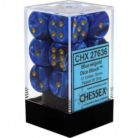 SET DE 12 DADOS d6 16MM VORTEX AZUL C/DORADO